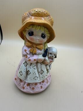 Vintage Musical Girl Holding Puppy Figurine Ceramic Music Box 6.5” Japan Style